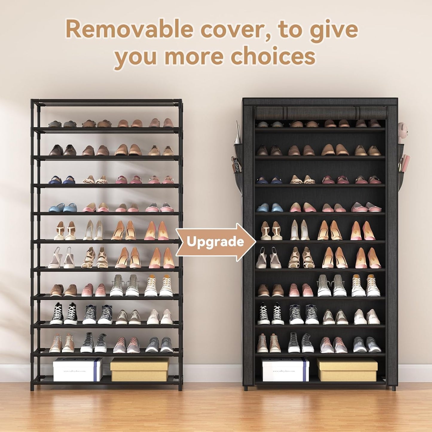 SRRSO 10 Tier Shoe Rack with Dustproof Cover, Large Capacity Shoe Storage Tall Shoe Shelves Holds 40-45 Pairs Shoes for Inside Wardrobe