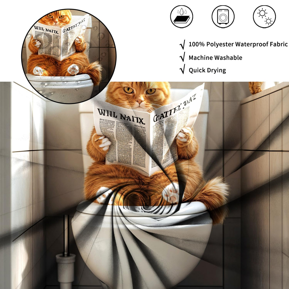 ASDCXZ Funny Cat Shower Curtain 180x200 cm, Cute Kitten Reading Newspaper Kids Bathroom Animal Hilarious Waterproof Bath Curtain Polyester Textile