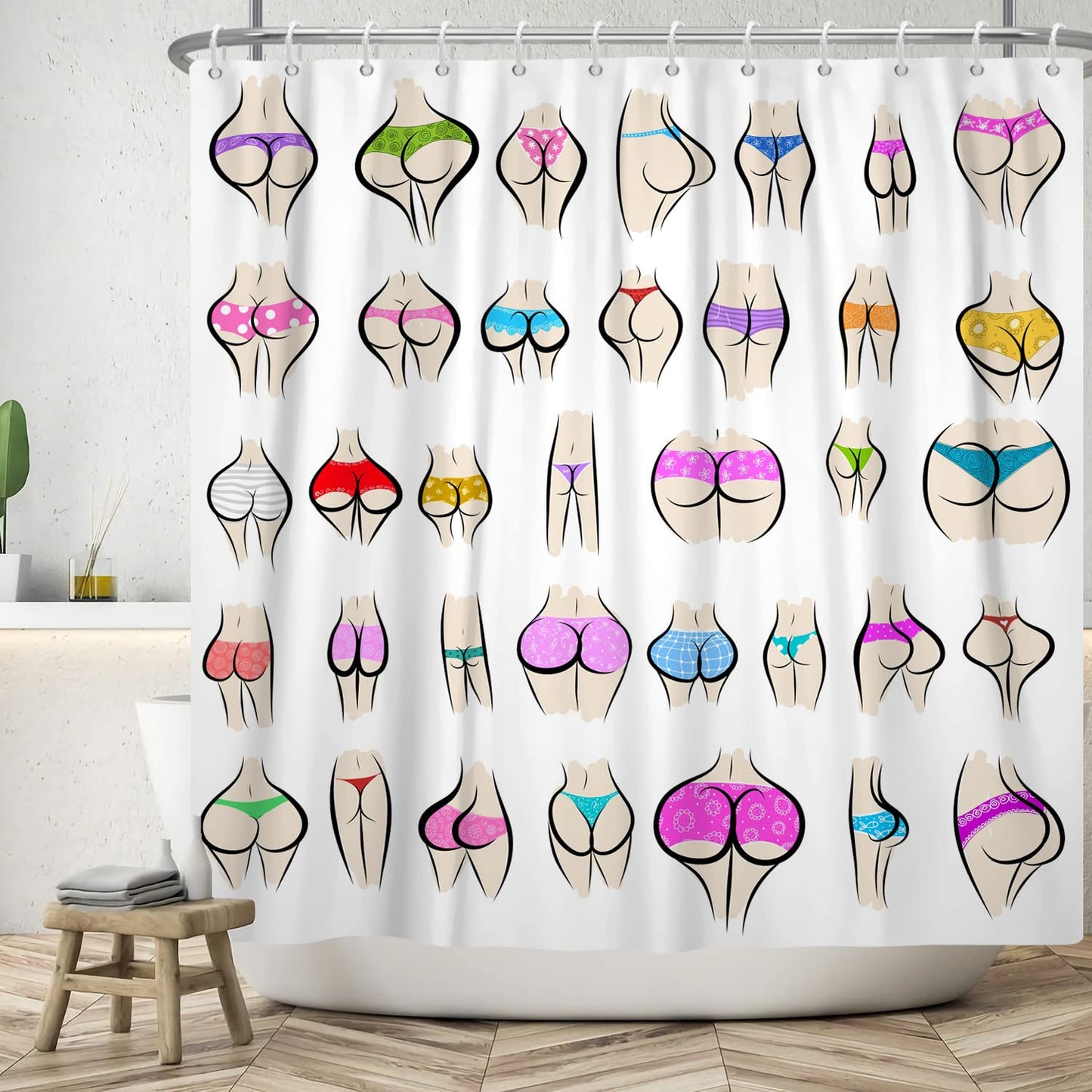 ASDCXZ Funny Shower Curtain 180x180 cm, Funny Colorful Butt Curve Pattern White Bath Washable Shower Curtains Polyester Textile Waterproof Bath