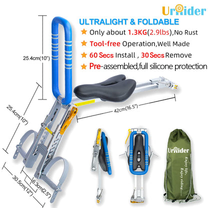 UrRider Child Bike Seat, Front Mount Kids Bike Seat,Fit Mountain Bikes, Cruiser Bikes, Folding Bikes, Ultra Light,Portable, Tool-Free,