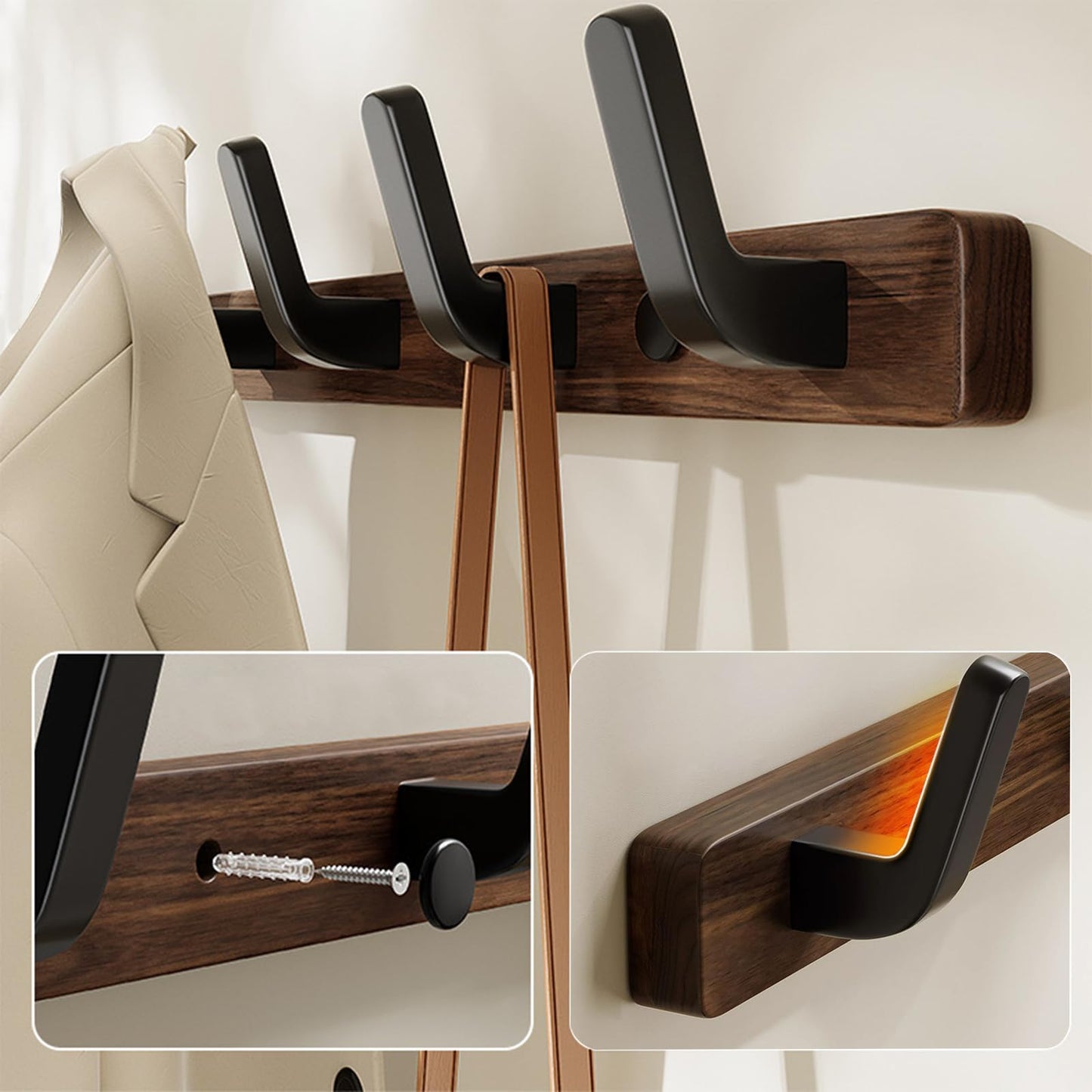 Lxoraziy Wall-Mounted Coat Rack - Walnut Coat Rack Hook, Heavy Duty Wooden Wall Coat Hanger with 3 Coat Hooks for Hanging Coats, Hats, Clothing