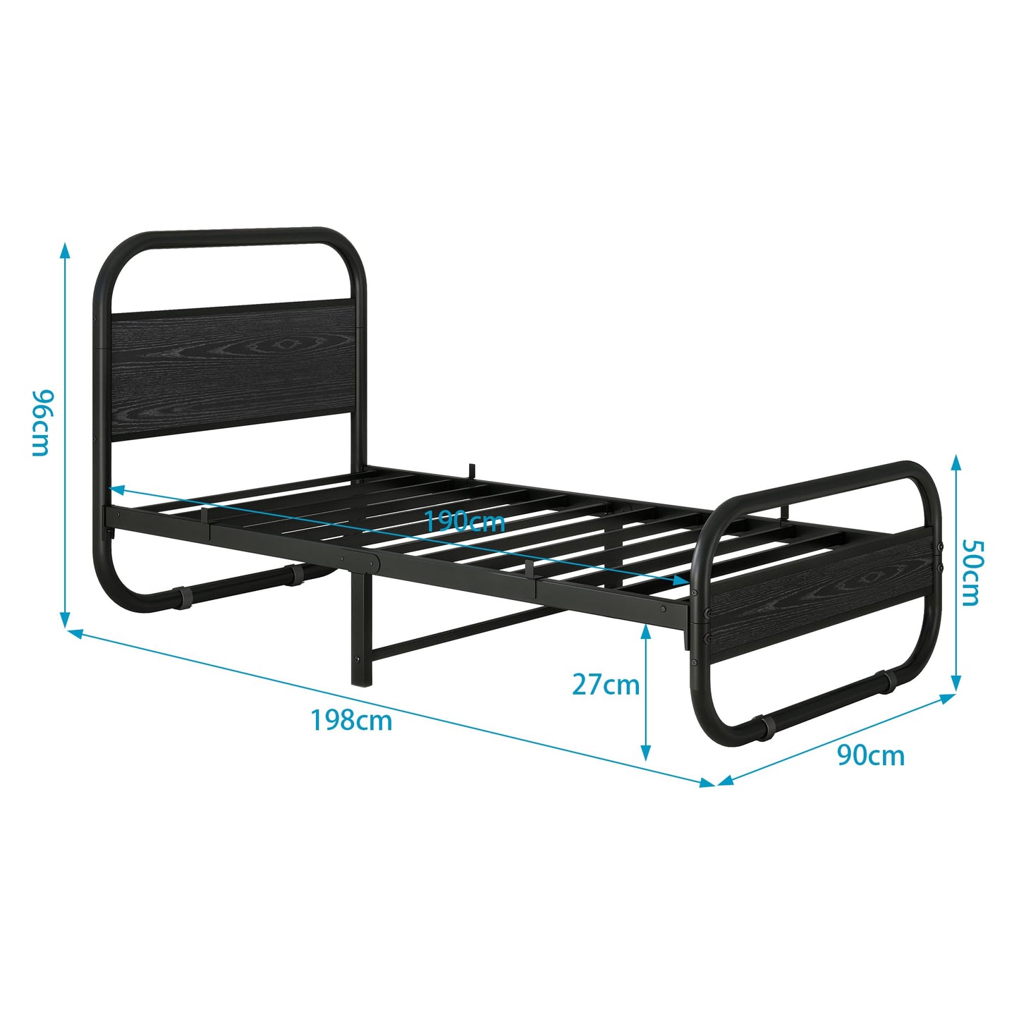 Diahomy 3ft Single Bed Frame with Wood Headboard and Footboard, Black