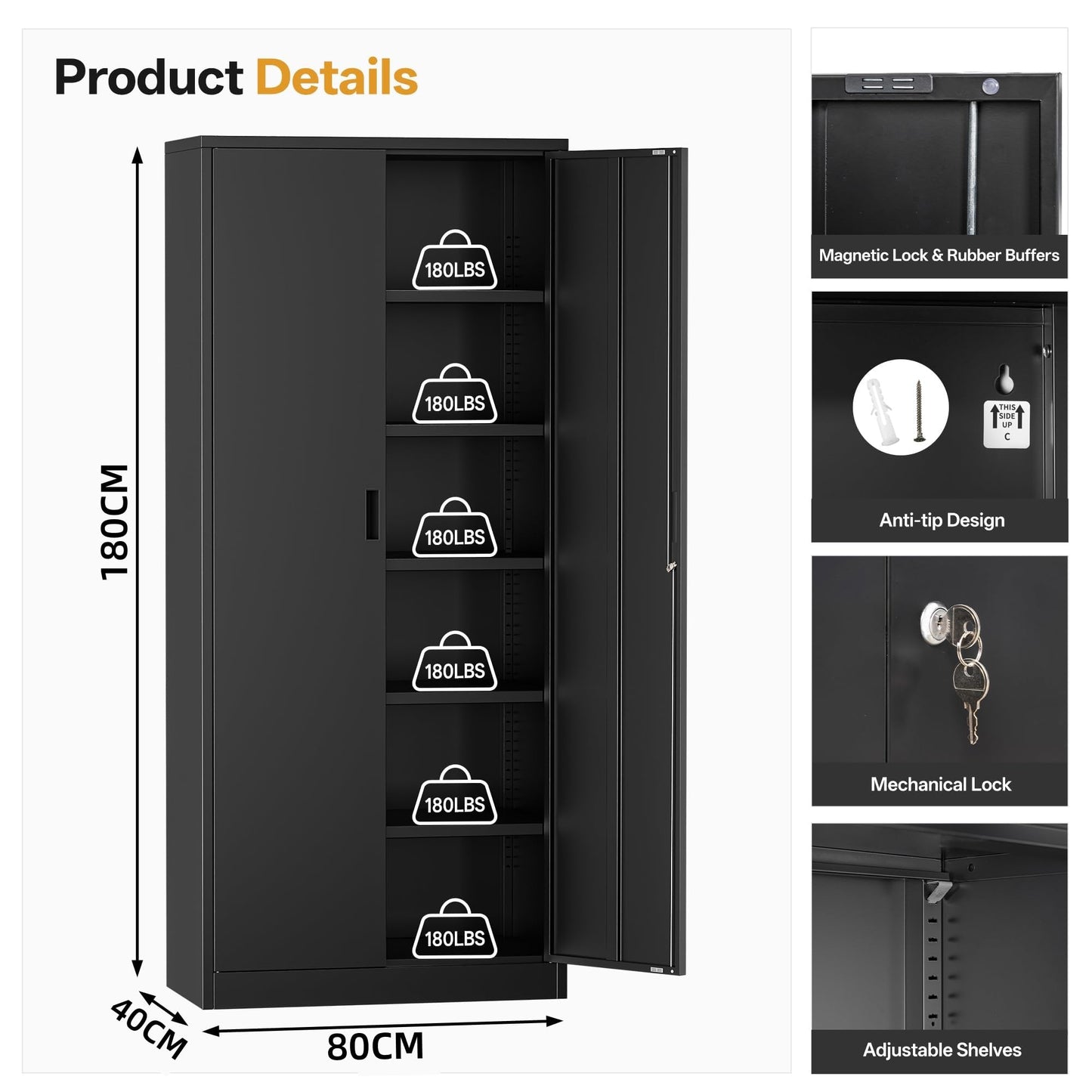 TaskStorz Metal Storage Cabinet, Office Storage Cabinet, Black,180*80*40cm