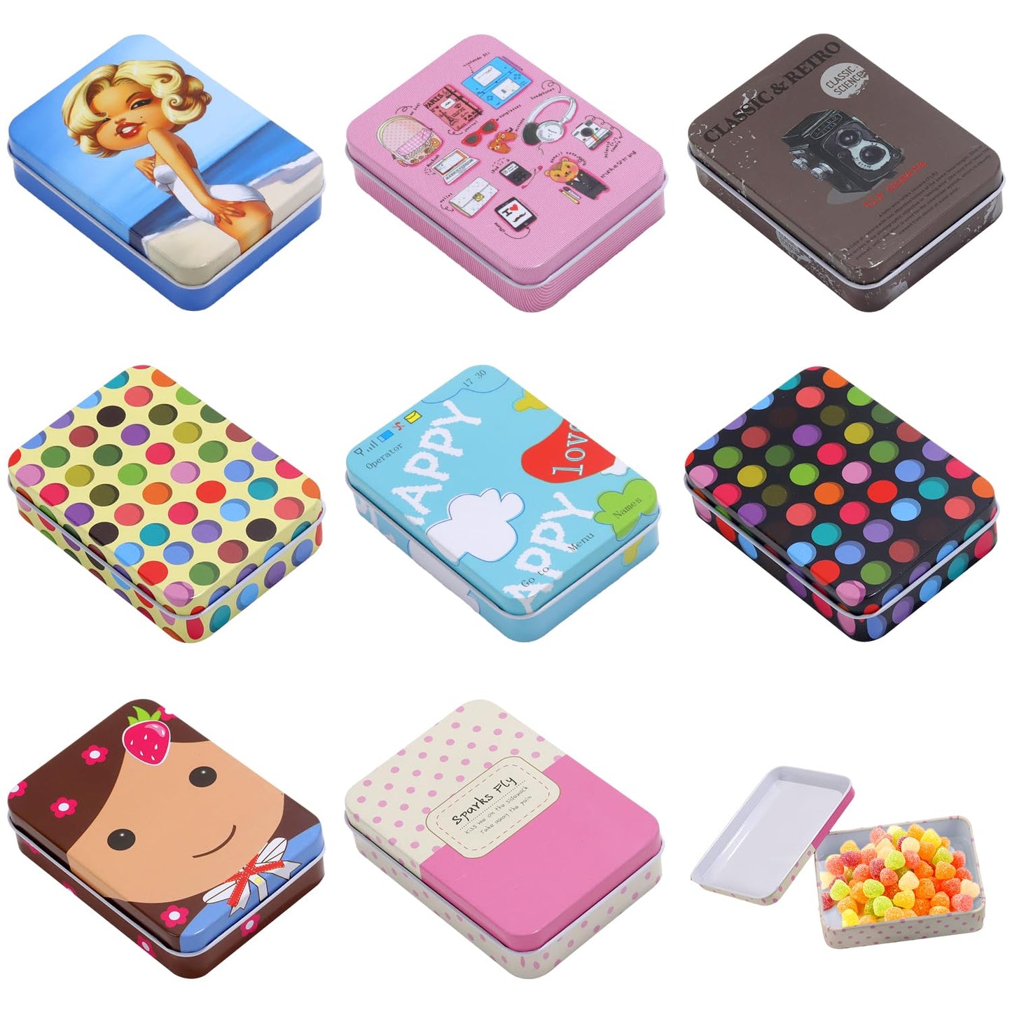 Pramape Pack of 8 Metal Tins with Lids, 90 x 65 x 25 mm Circular Dots Tin Boxes for Small Items and Craft Projects