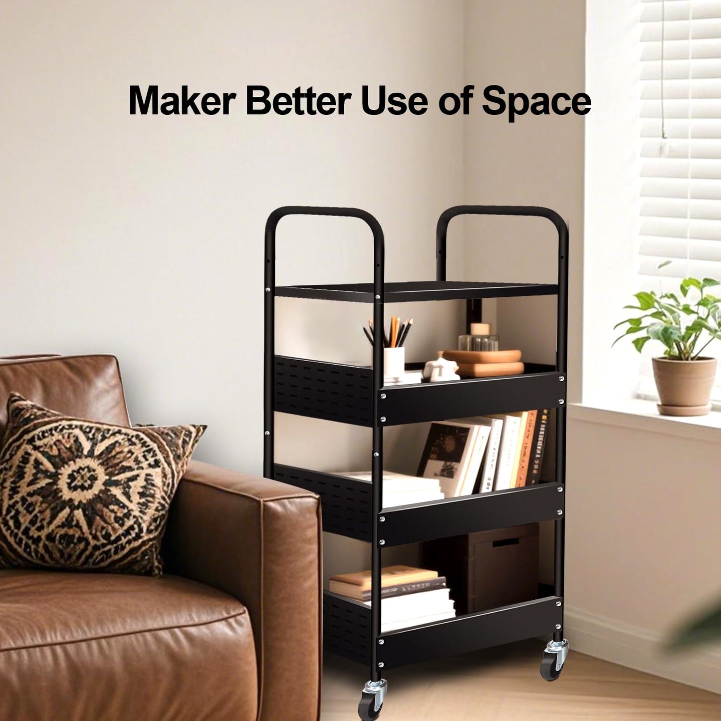 Goodsnetic 4-Tier Trolley Cart, Metal Storage Trolley on Wheels, Black