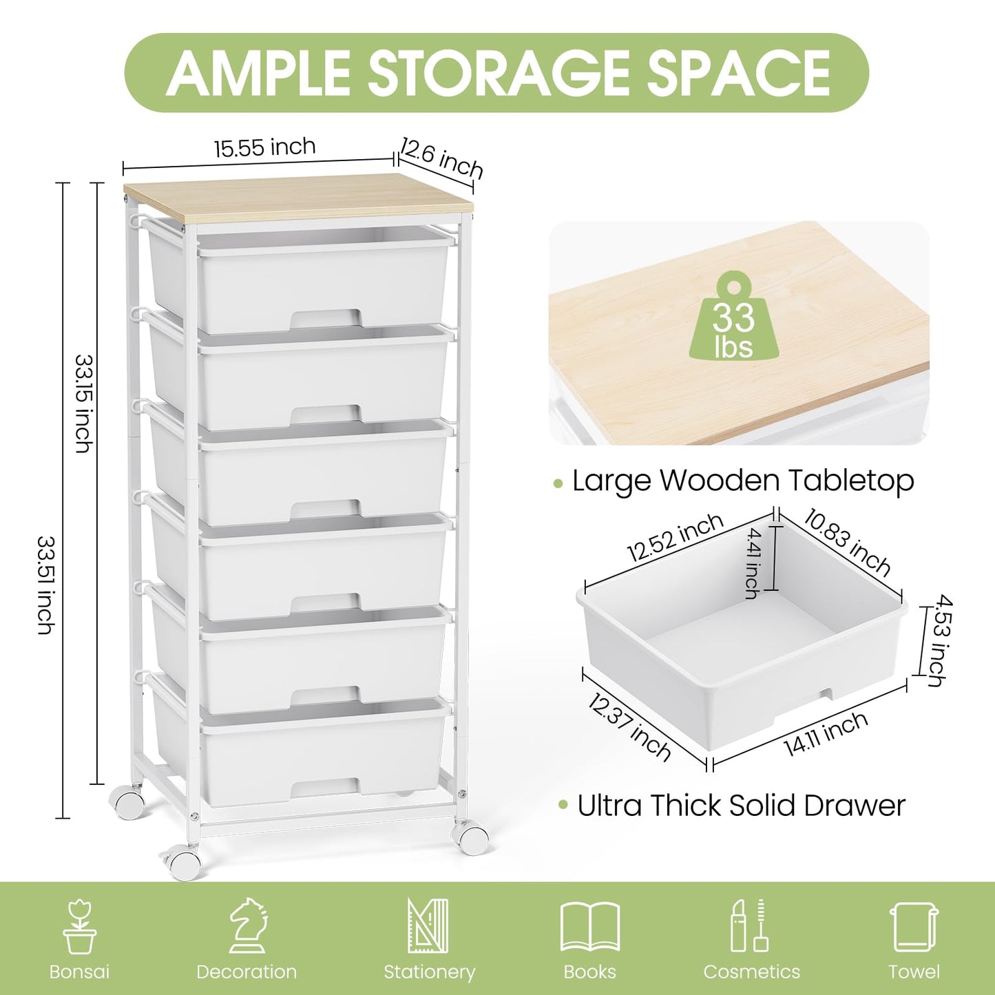6-Drawer Craft Organizer Trolley Cart with Wooden Top, White