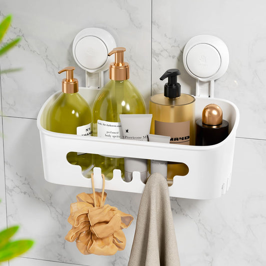 LEVERLOC Shower Caddy Suction Bathroom Storage Shelf Suction Shower Caddy Storage No Drilling Shampoo Holder Removable Powerful Max Hold 10KG Bathroom