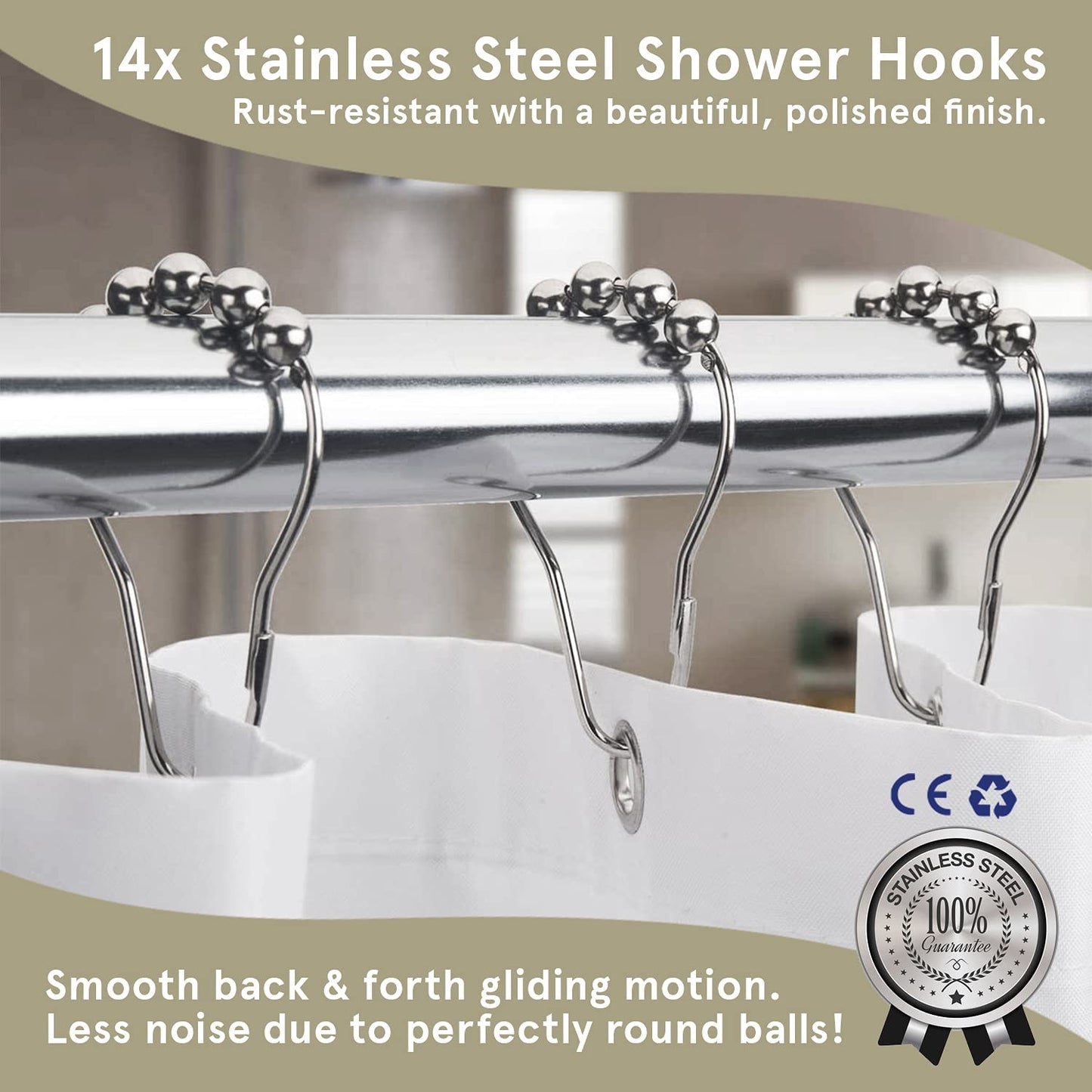 Smith’s® 14x Stainless Steel Shower Curtain Hooks | Chrome, Silver, Metal, Shower Rod & Rail Rings, & Roller Balls for Bathrooms | Rust-Resistant