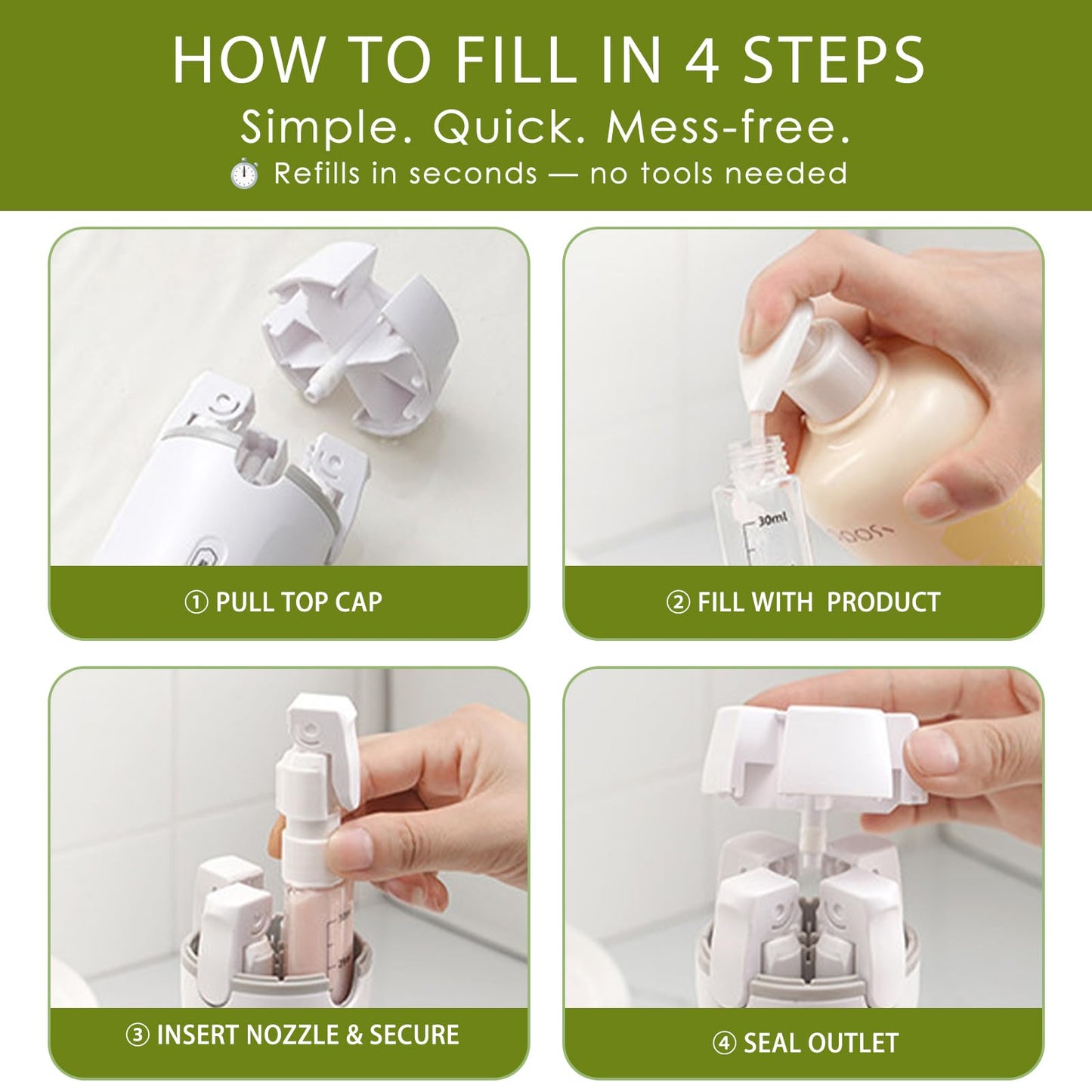 4 in 1 Travel Bottle Dispenser, 4 Pack 30ML Travel Shampoo Bottles, Leak Proof Refillable Travel Containers for Toiletries with Scale and Label