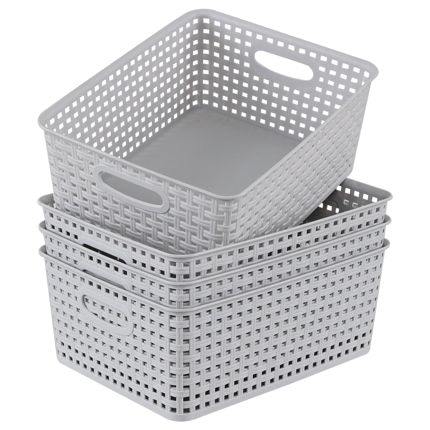 Yuright 4 Pack Plastic Woven Storage Baskets for Desktop Shelf, Light Gray