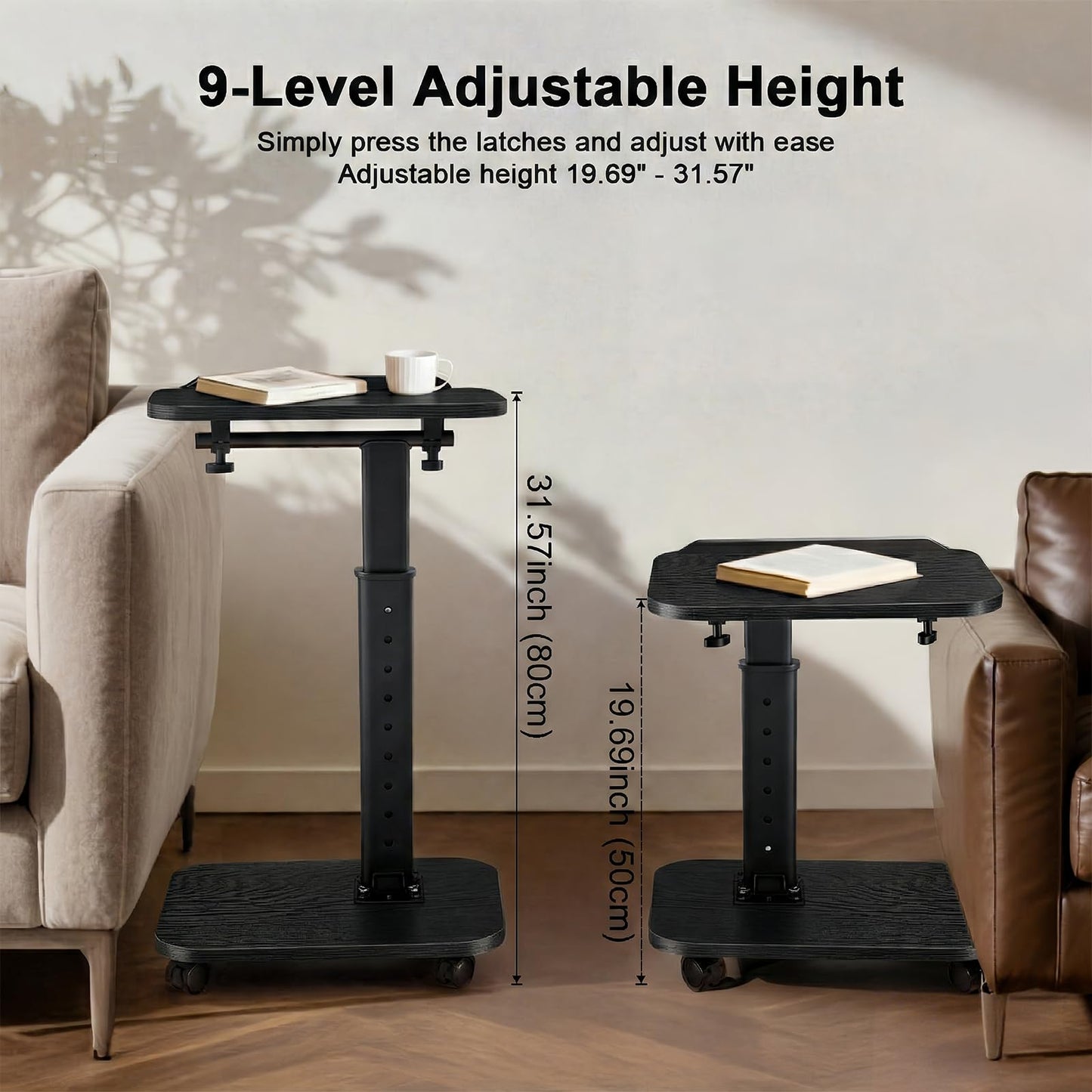 Lubeau Adjustable Side Table with Wheels, C Shaped Side Table Adjustable Height 180° Flip-Over Panel Design, End Table with Phone/Tablet Slot