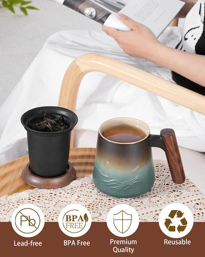 ZENS Tea Infuser Mug for Loose Tea Strainer, 430 ML Embossed Ceramic Tea Cup with Infuser for Hot Tea Diffusers, Wood Handle Loose Leaf Tea Mug Green