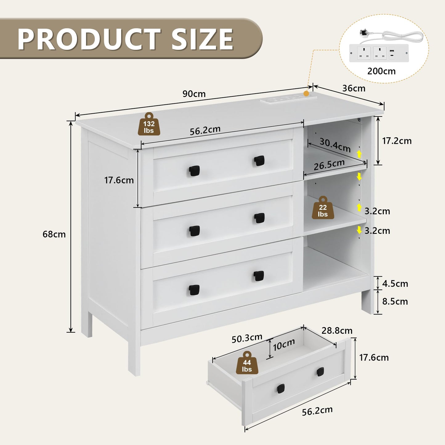 Feonase White Chest of Drawers Bedroom with Charging Station, 3 Drawer Chest of Drawers with Open Storage Unit