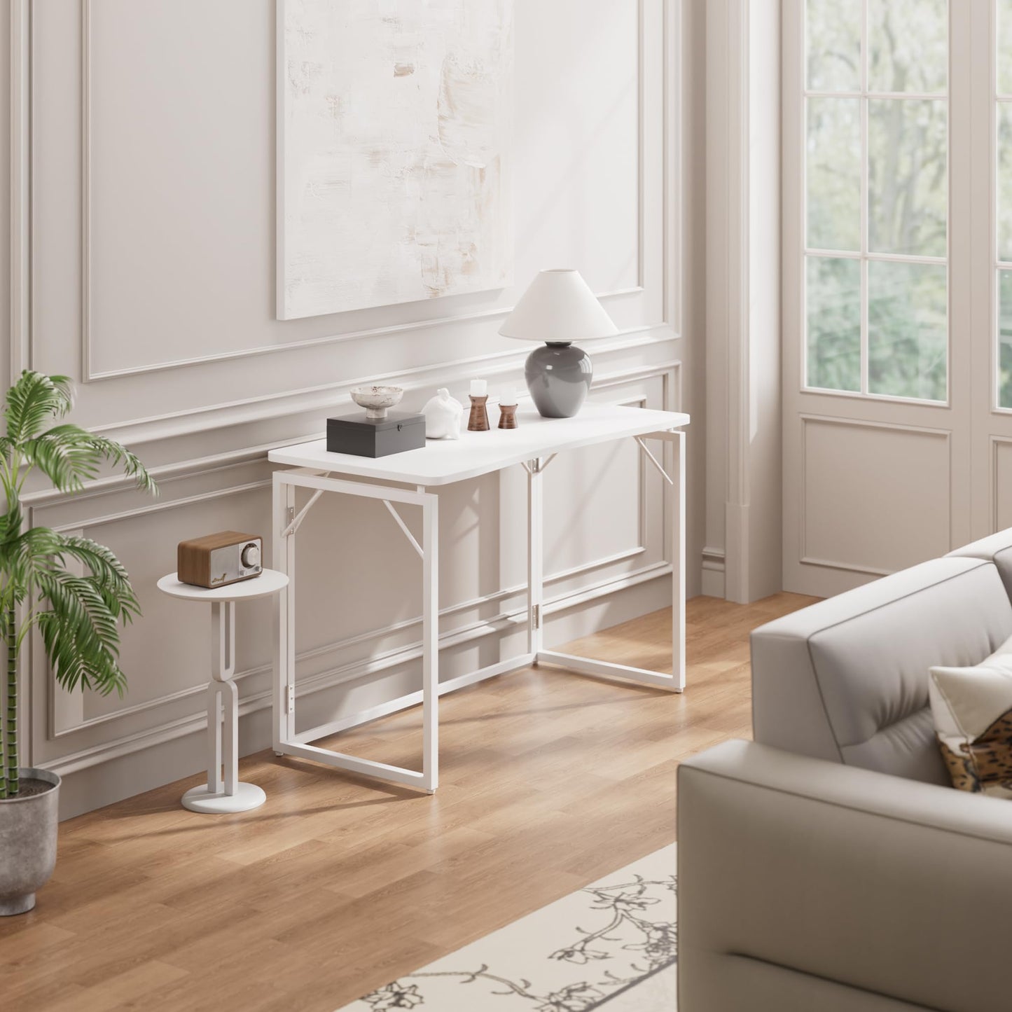 JOYMOOP White Folding Desk - 120 x 57 cm, No Assembly Large Size Foldable Desk for Home, Office, Wooden Top Folding Computer Desk for Working
