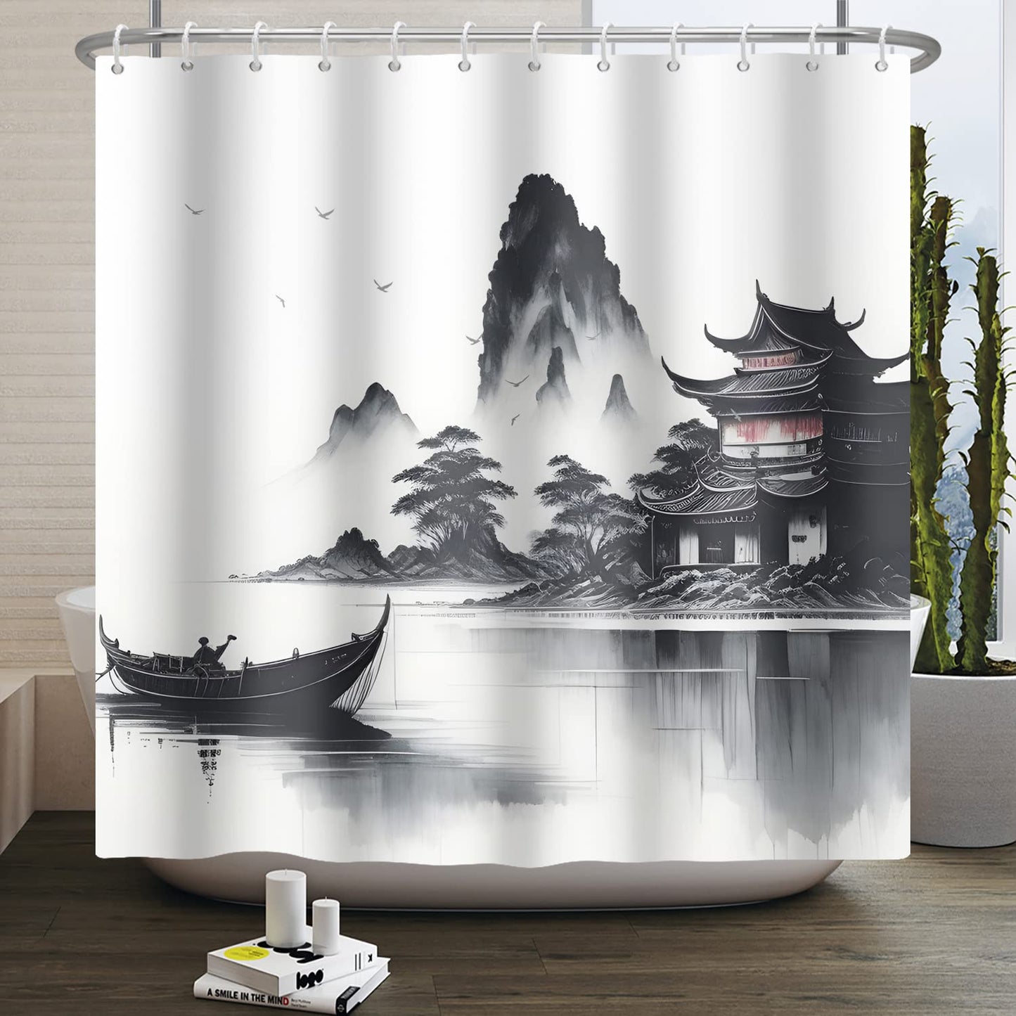 SDOTPMT 180x180cm Japanese Asian Ink Painting Shower Curtain Foggy Mountain Boat Wild Goose Bathtub Curtain Outdoor Natural Scenery Bath Curtain for