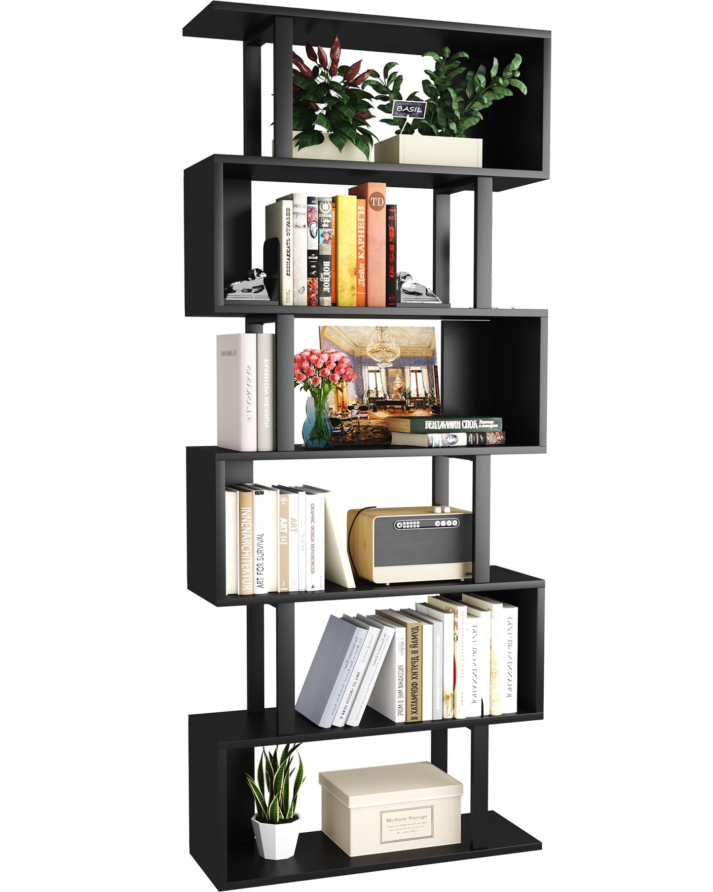 Yusong Bookshelf 6-Tier, Geometric Bookcase S Shaped Book Shelves for Bedroom, Modern Wood Decorative Display Shelf Tall Book Case for Home Office