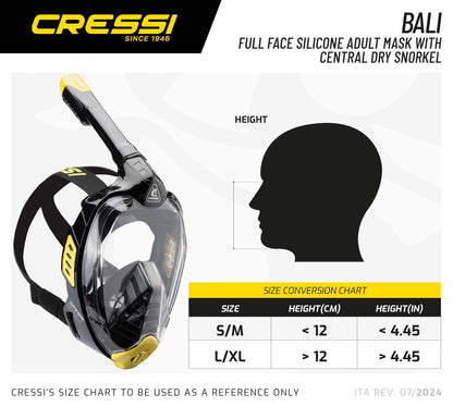 CRESSI Bali Full Face Mask Black/Grey L/XL - Unisex Integral Snorkel Mask, Anti Fog Clear Lens, 100% Silicone, Dry Snorkel with Float Valve, Action
