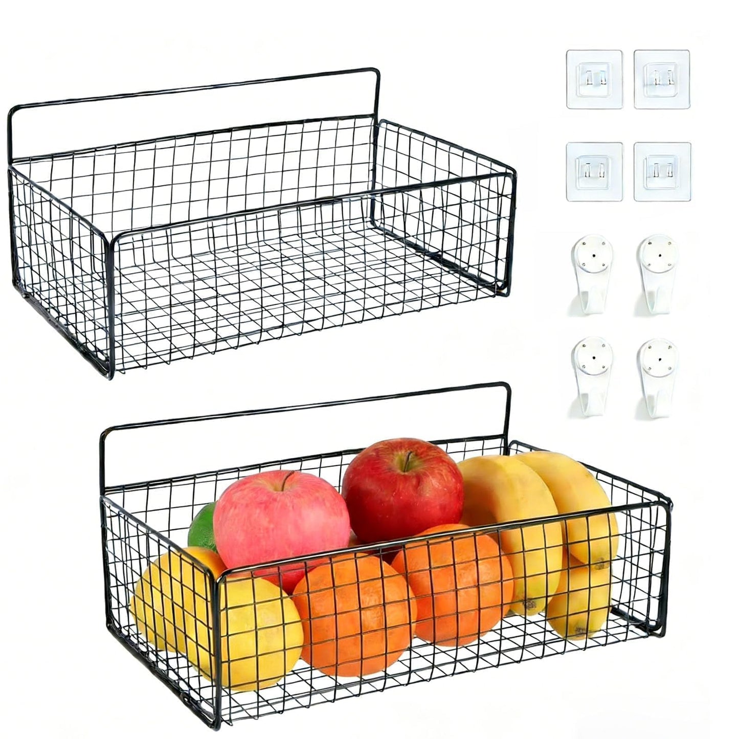 Punorric 2 Pack Snack Storage, Black Metal Wall Storage Baskets with 8 Hooks, No-Drill Snack Organiser for Snacks Cans Bars Chips Candy