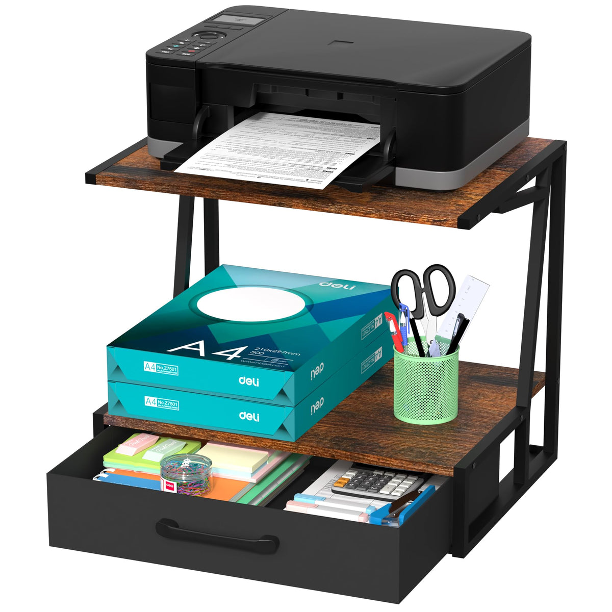Alyoen Printer Stand for Desk with Storage Drawer, 2 Tier Desktop or Under Desk Printer Shelf, Large Printer Table Organizer for Home Office