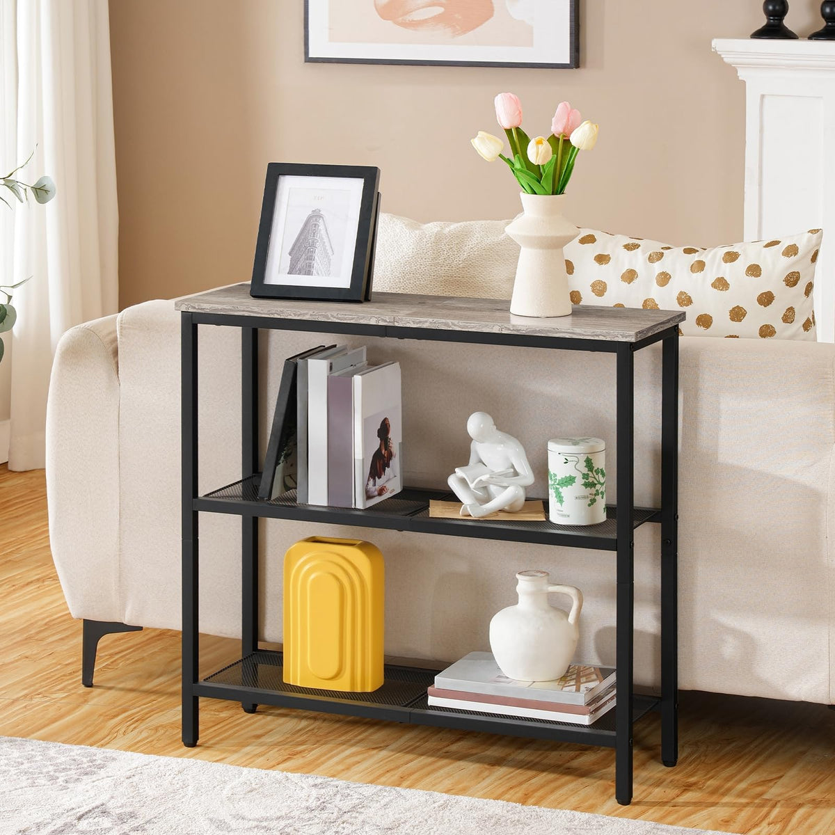 HOOBRO Console Table for Hallway Slim, 3-Tier Narrow Console Table, Hallway Table with 3 Shelves, Slim Sofa Table for Small Spaces, Living Room