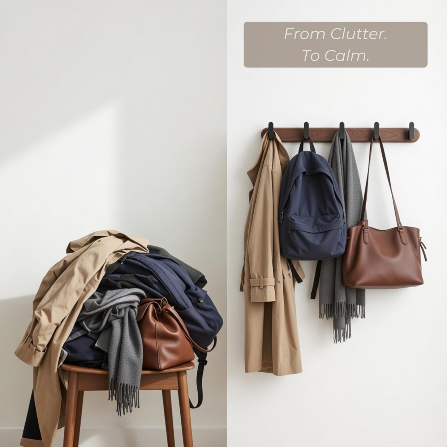 Jugen Coat Hooks Wall Mounted – Solid Black Walnut Wooden Coat Rack, 5 Matte Black Heavy Duty Hooks for Coats, Clothes & Bags, Hidden Mount Design