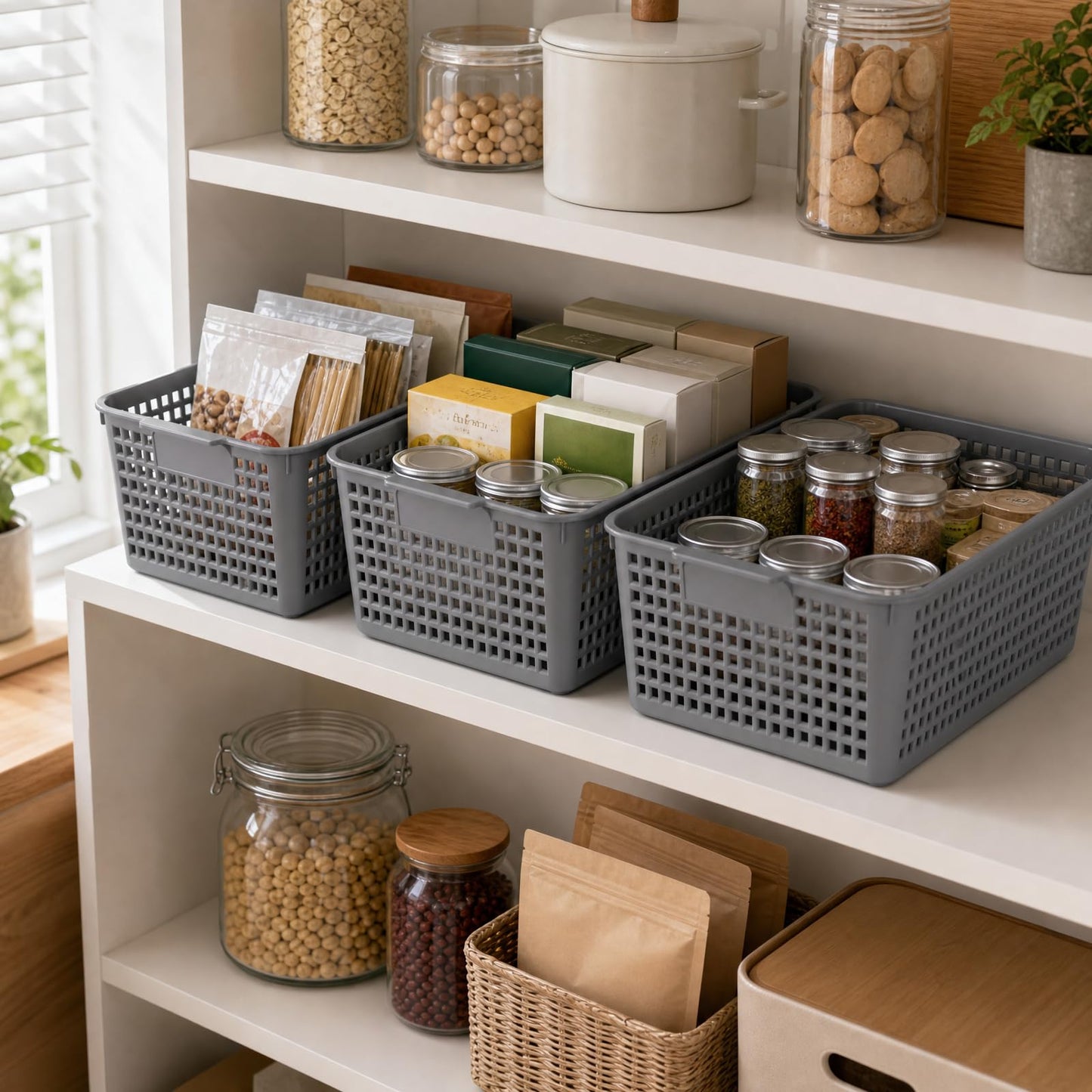 Jnktka Rectangle Storage Baskets for Shelves, Set of 6 Grey Plastic Baskets