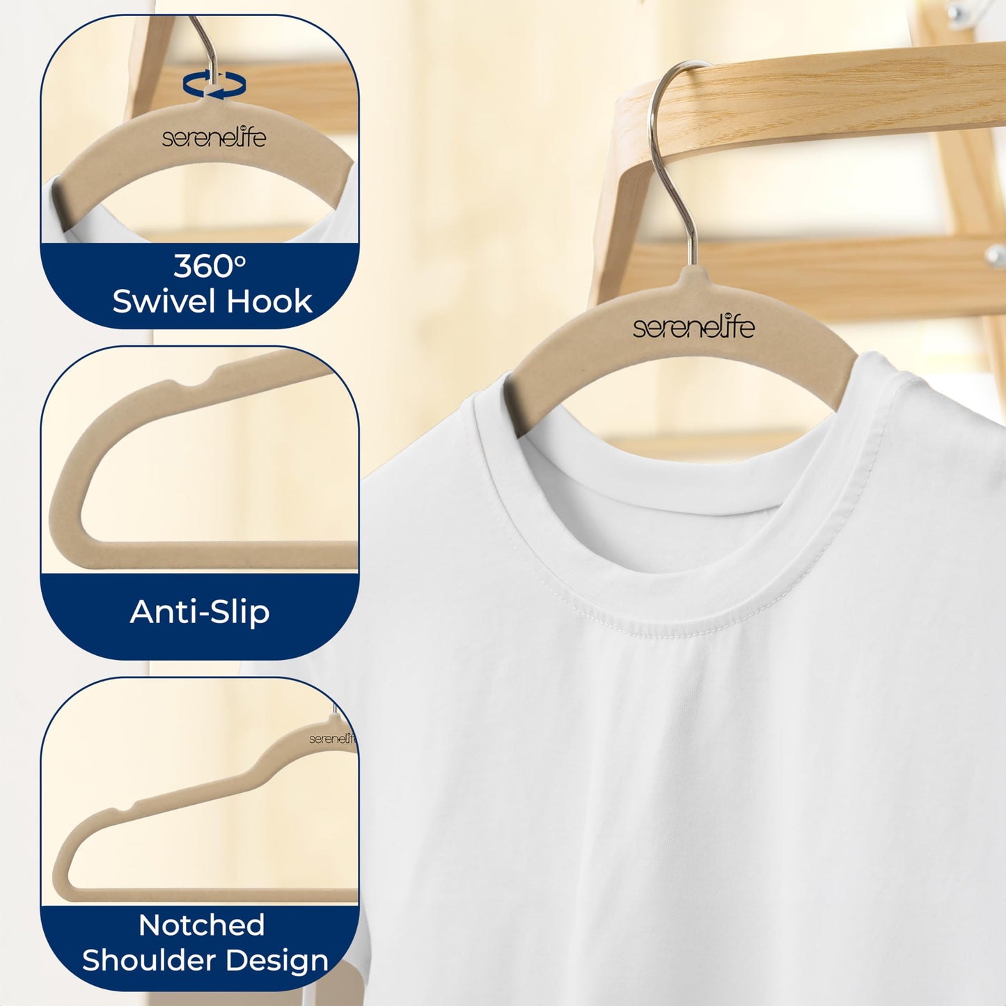 SereneLife Velvet Hangers 10 Pcs, Non Slip Heavy Duty Hanger Set with 360° Swivel Hook, Smooth Velvet Finish to Protect Fabric, Lightweight