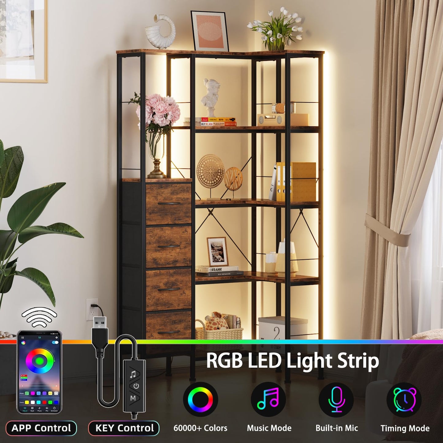 Corner Bookshelf Unit with 4 Fabric Drawers & LED Light, 5-Tier, Rustic