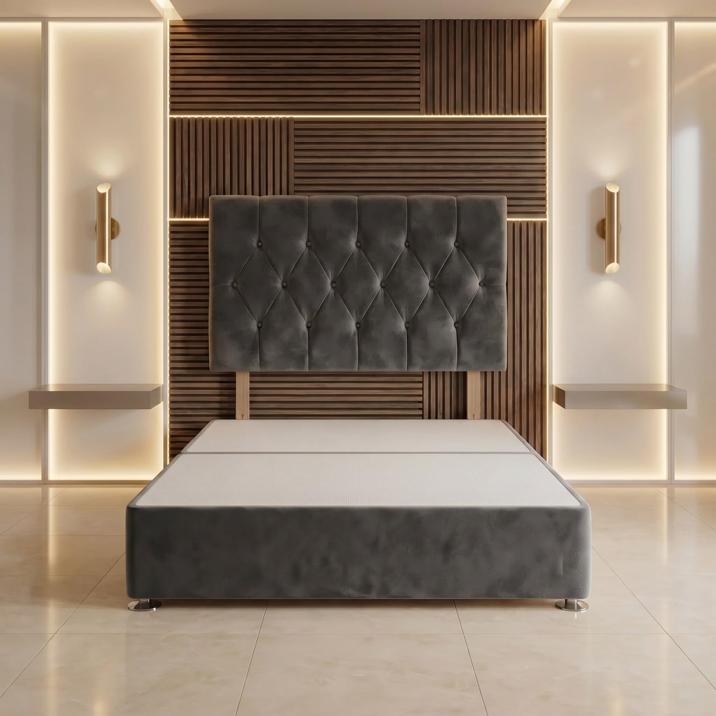 Bed Centre Divan Bed Base with Headboard – 2FT6 Small Single | Charcoal Plush Fabric | No Drawers | Luxury Upholstered Headboard