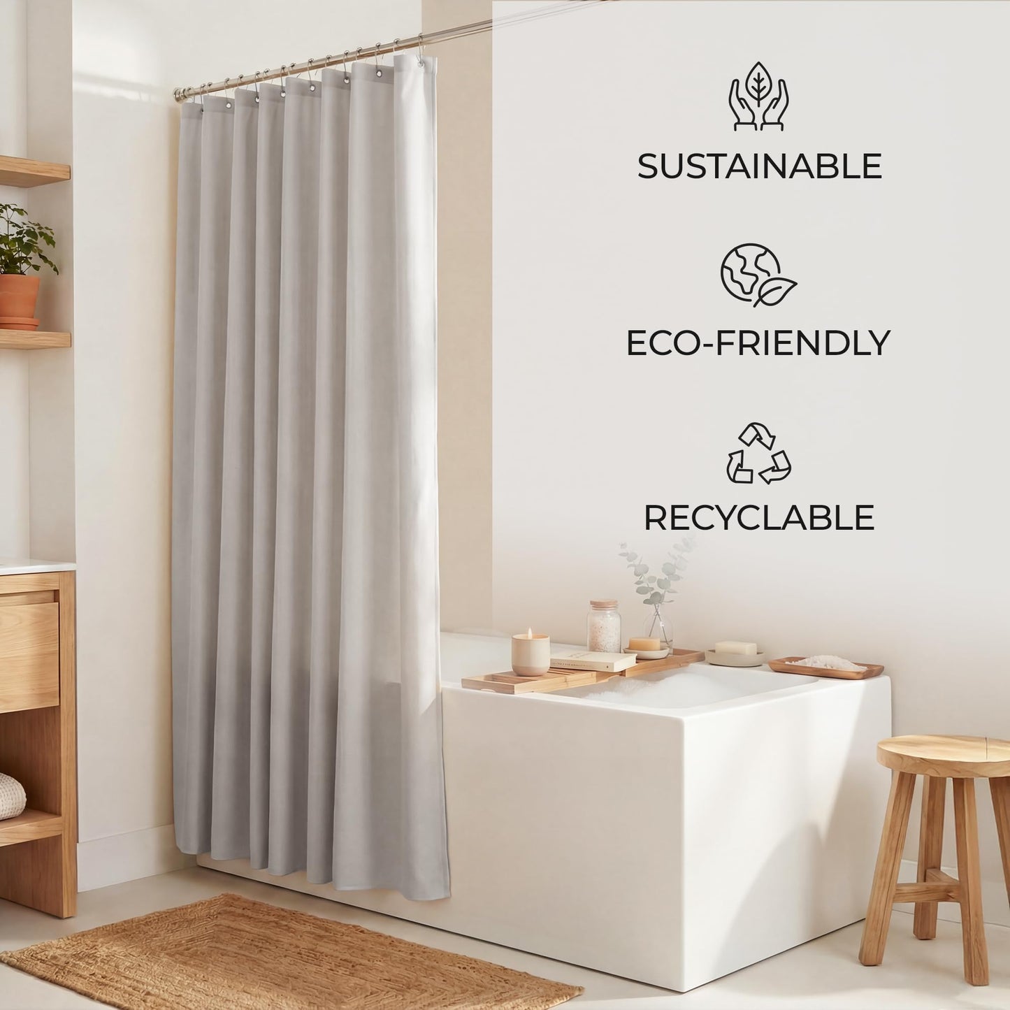 NESTN® Shower Curtain 180x200 cm Grey Long Fabric, Waterproof, Weighted Hem