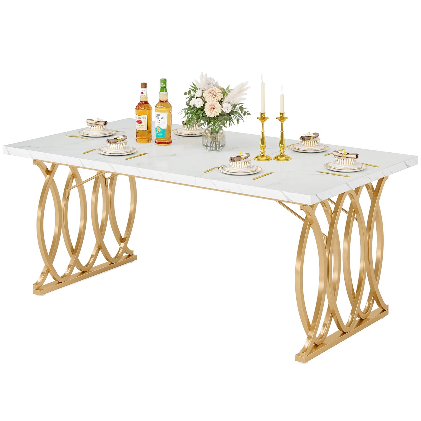 LITTLE TREE Modern Dining Table for 4-6 People, 63" Large Rectangular Kitchen Table with Faux Marble Tabletop and Geometric Legs
