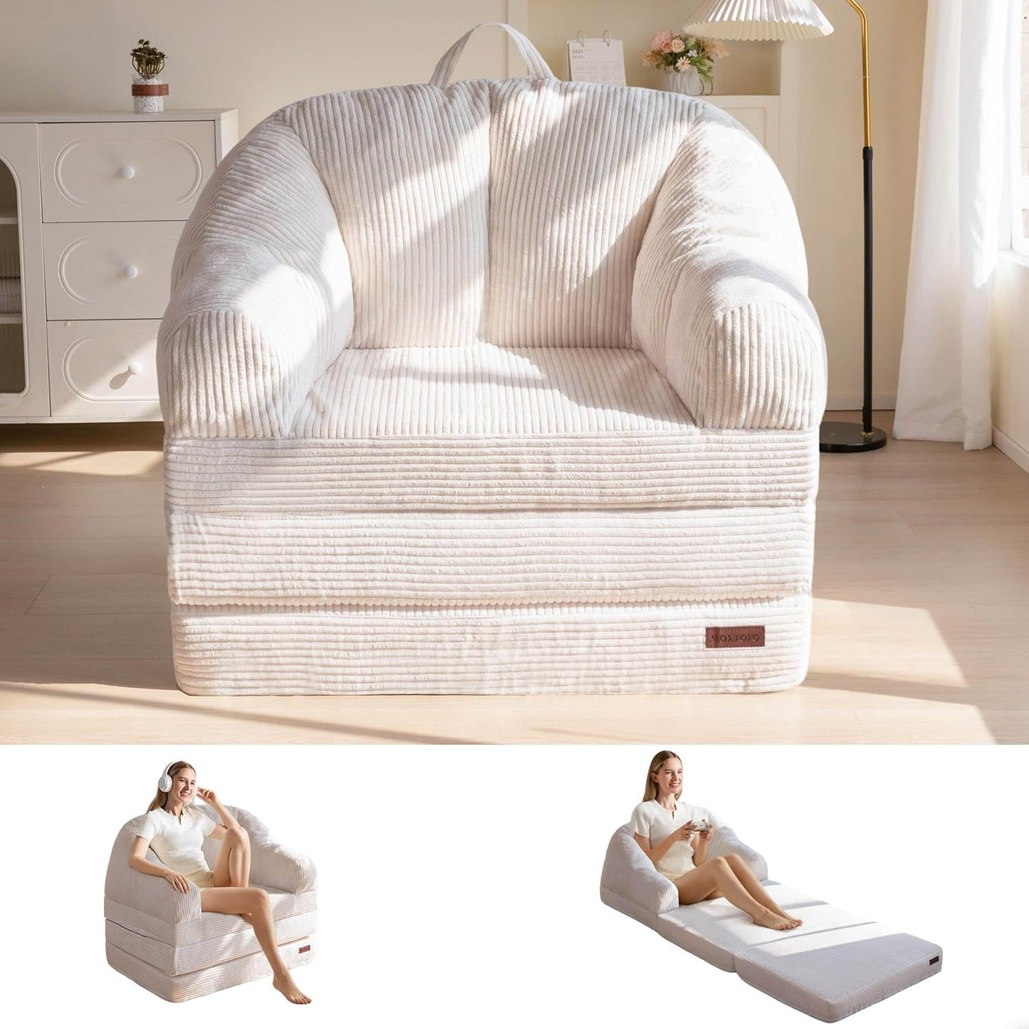 MAXYOYO Folding Sofa Bed with Backrest, Boneless Fold Out Couch Bed with Handle, 2 in 1 Convertible Bean Bag Chair to Floor Sofa Lounger