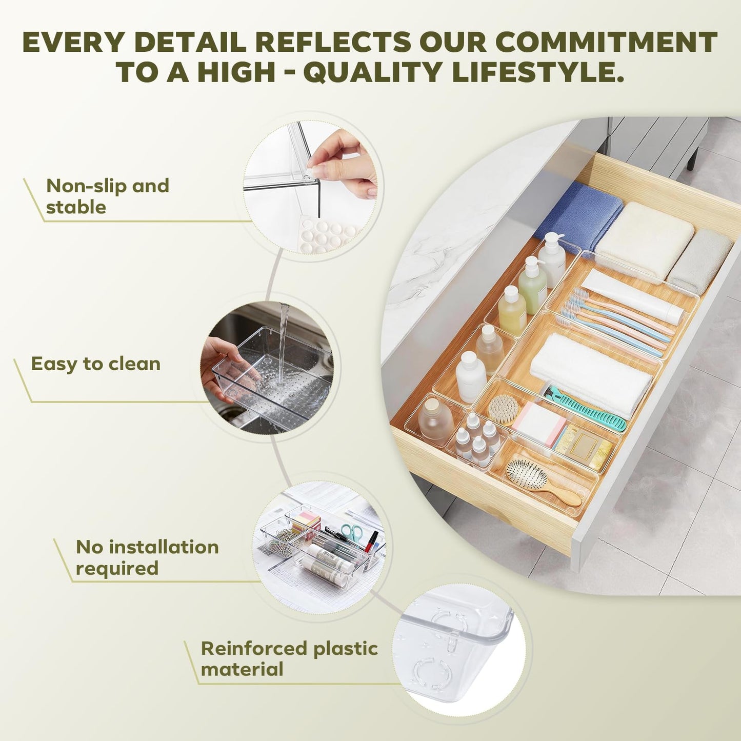 Ribech 12-Piece Drawer Organiser Set, 4 Sizes with 50 Non-Slip Dots, Stackable Storage Boxes for Makeup, Kitchen, Bathroom & Office, Crystal Clear