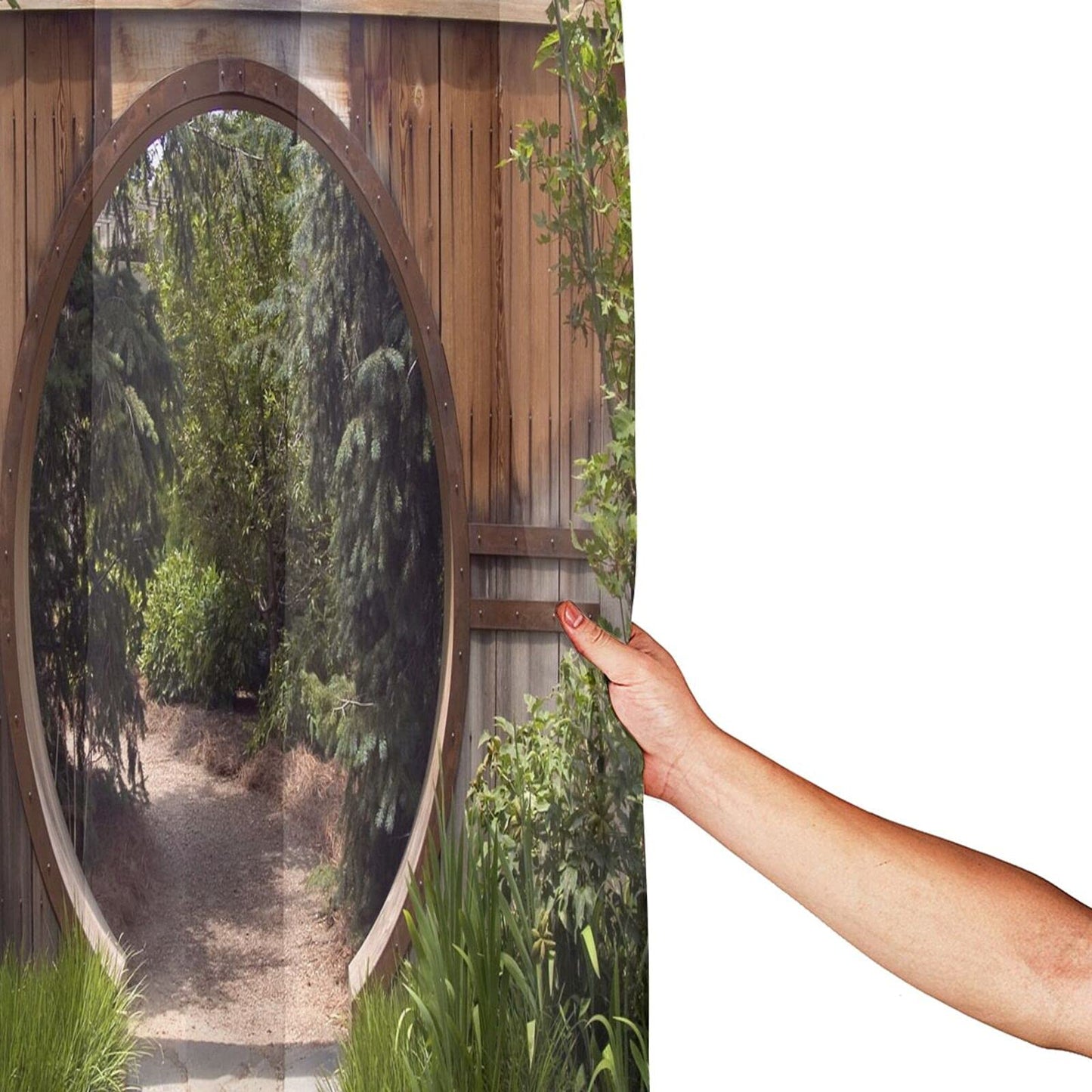Japanese Decor Garden Shower Curtain Outdoor 3D Picture Shower Curtain for Garden Fence Waterproof & Mould Resistant Design Bath Curtain Sets with 12