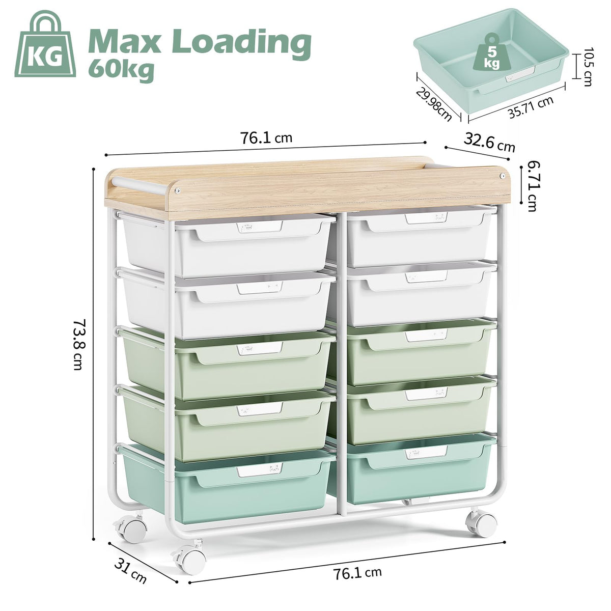 10 Drawers Rolling Cart with Wooden Tabletop, Utility Storage Cart with Wheels, Art Supply Craft Organizer on Wheel with Metal Frame & Handles for