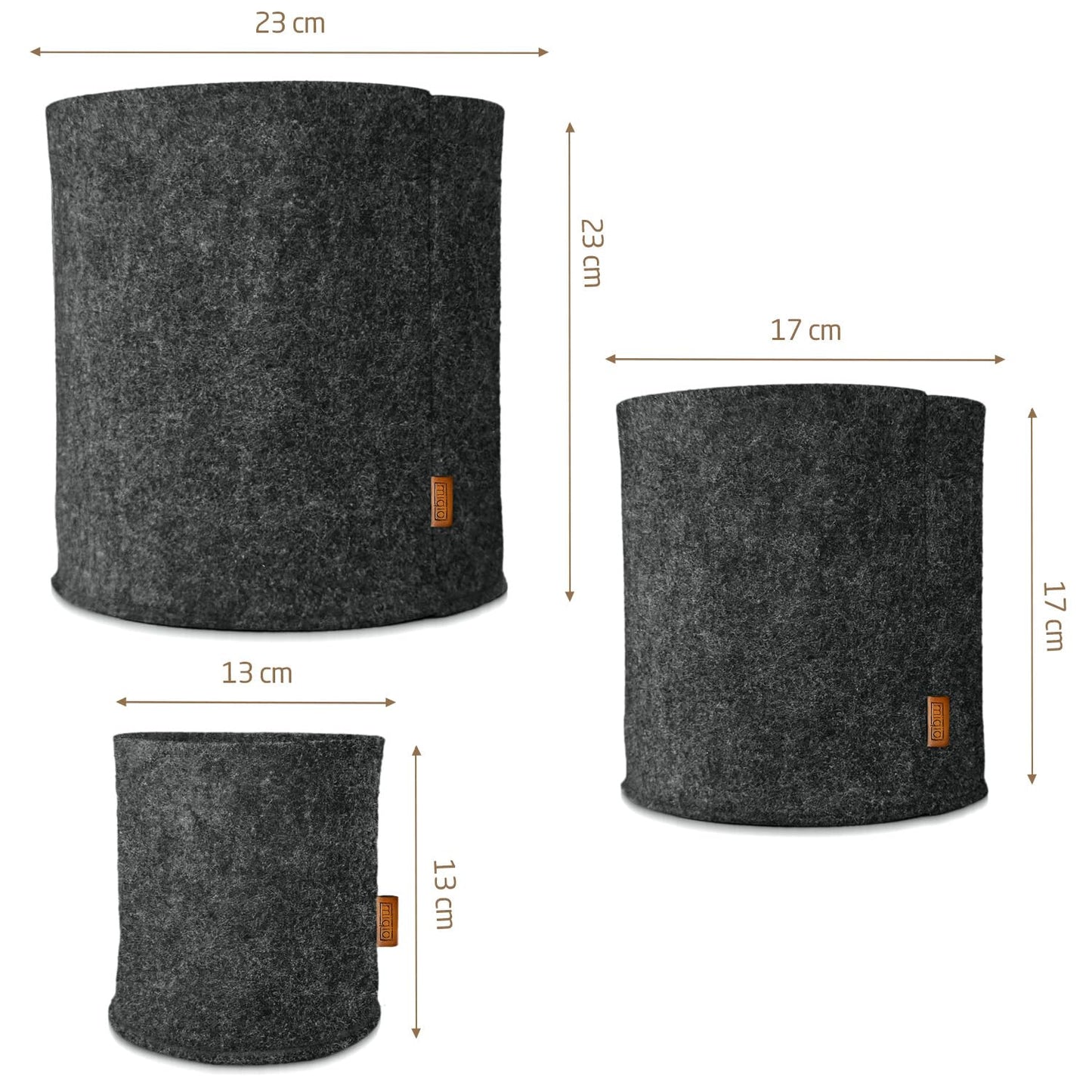 Miqio® Design Premium Felt Basket - Storage Baskets Round - Set of 3 - Plant Basket - Flower Planter - Oeko-Tex Certified