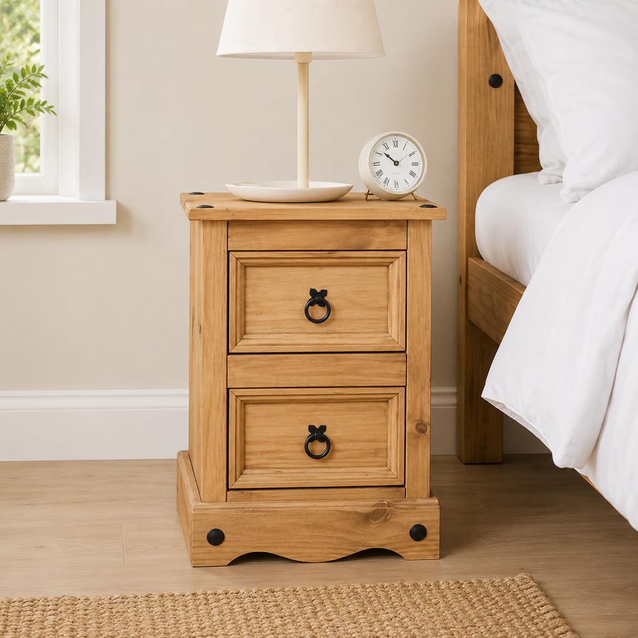 Corona Bedside Table 2 Drawer Side End Mexican Solid Waxed Pine