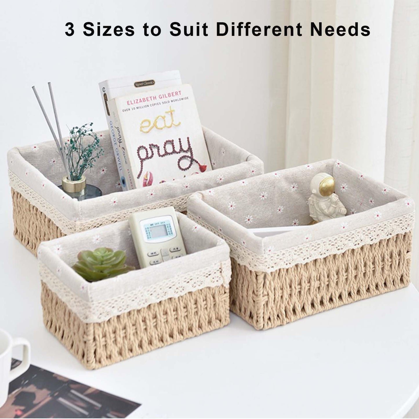 PALUDO Set of 3 Storage Baskets, 3 Sizes Wicker Bathroom Basket, Small Natural Paper Rope Changing Basket, Woven Hamper Baskets for Shelves