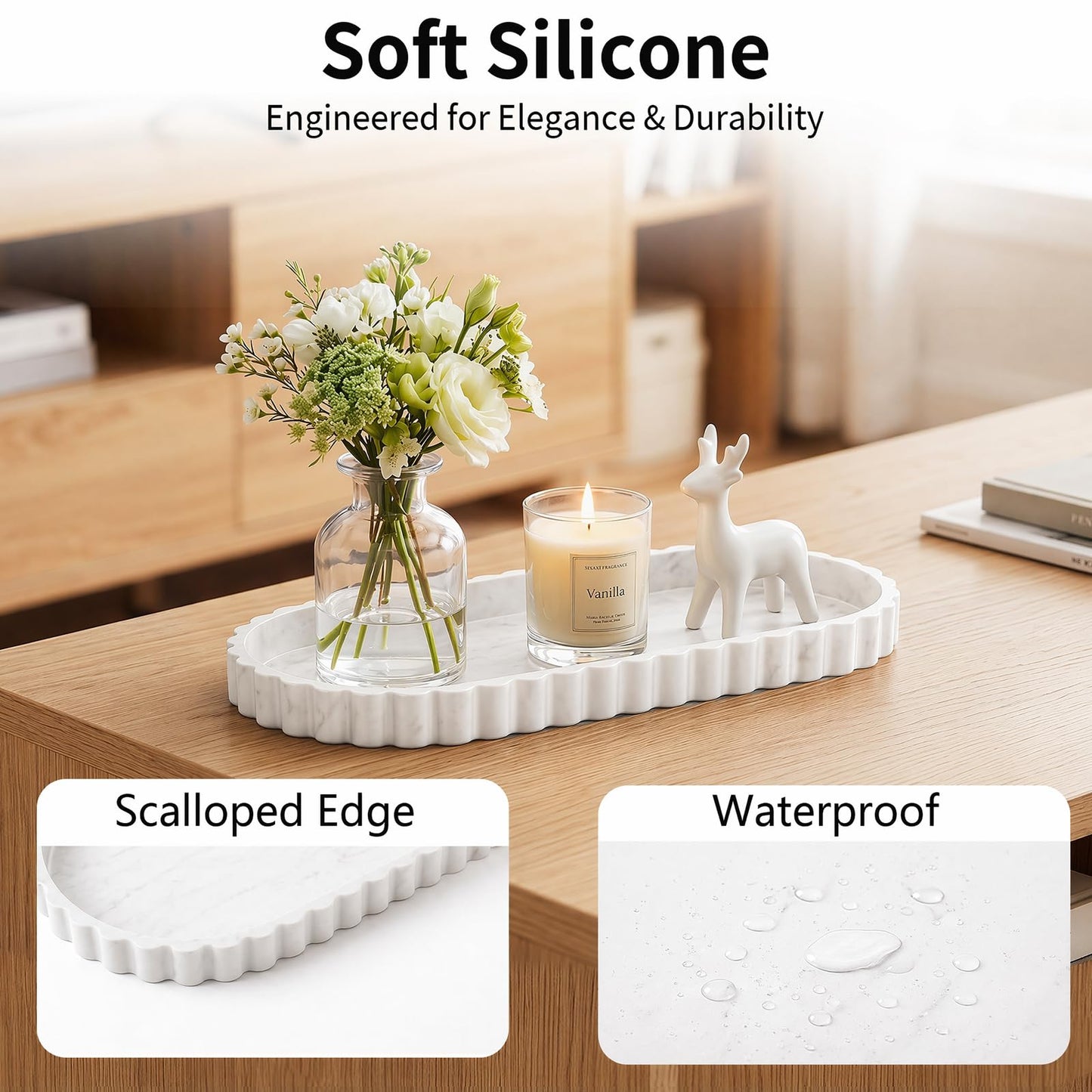 Bathroom Tray - 30.5 x 13.5 cm Oval Vanity Tray for Bathroom Countertop Silicone with Scalloped Edge
