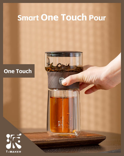 ZENS Modern Solo Tea Infuser Teapot, Smart One Touch Drip Tea Pot for Loose Tea Diffusers, Small Glass Gongfu Teapot with 270ml Insulated Cup and
