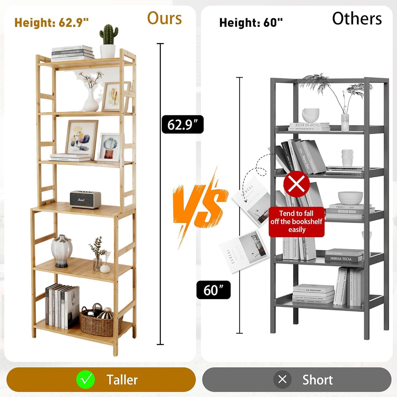 EIUTQRU Bamboo Living Room Bookcases, 6 Tier Standing Ladder Shelf Bookshelf, Multifunctional Narrow Shelving Unit Storage Rack for Garage, kitchen