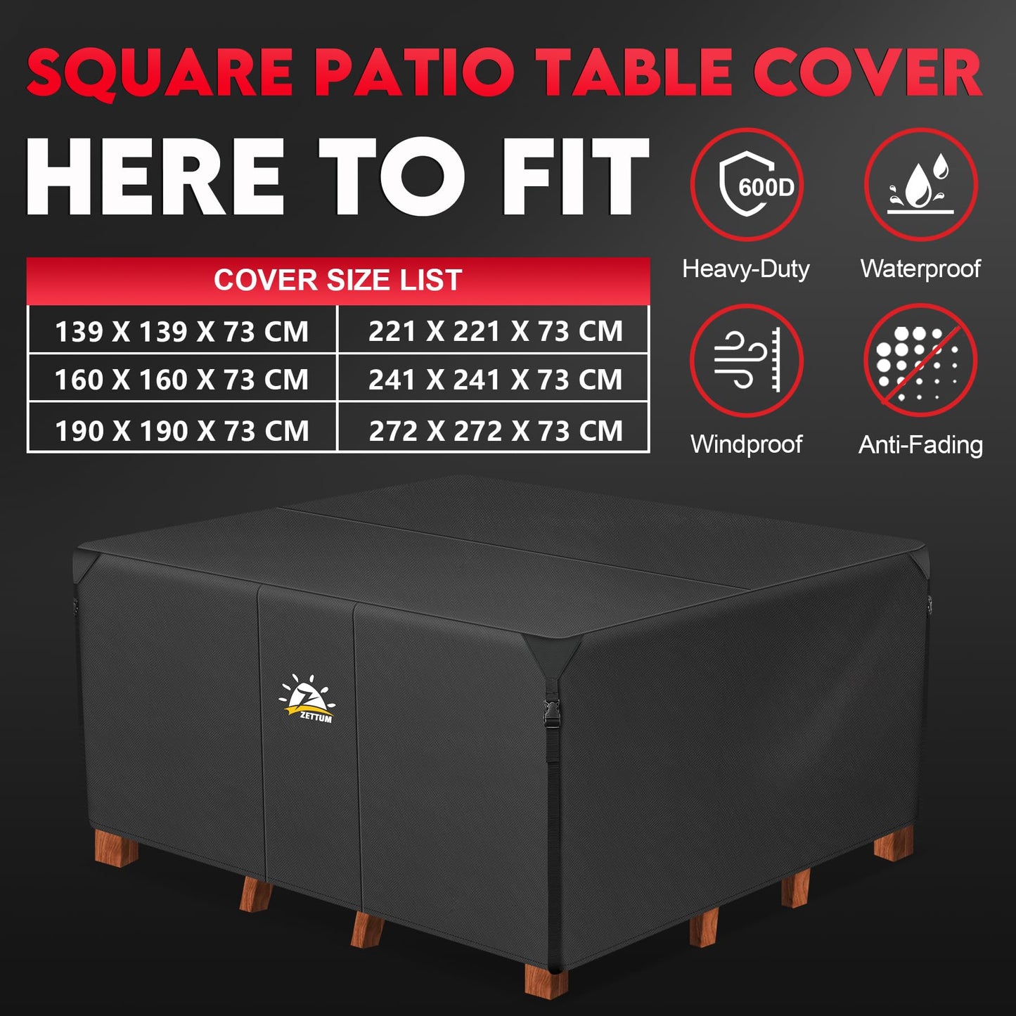 Zettum 160x160x73cm Patio Furniture Cover Square, Durable 600D Oxford Fabric Outdoor Sofa Cover for Patio Cube Rattan Sofa Table Chair Set Cover Heavy
