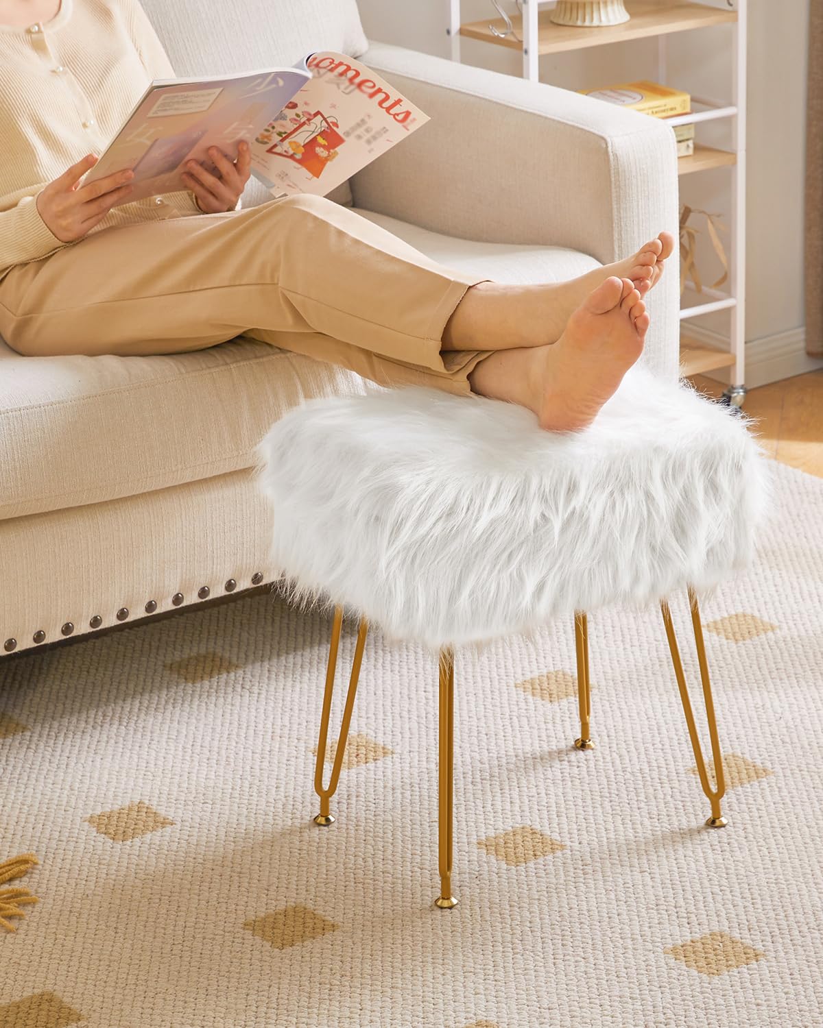 IBUYKE Rectangular Faux Fur Vanity Stool with Storage, White WBD022W