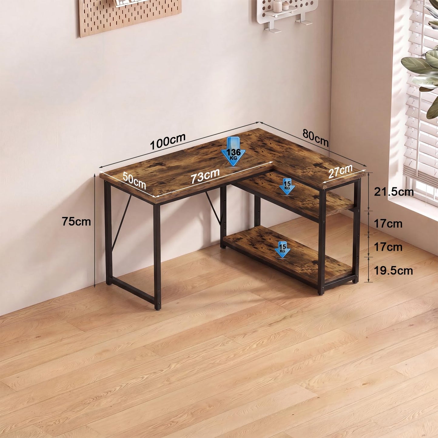 JUMMICO Small 100x80cm L-Shaped Corner Desk with Storage,Compact Corner Computer Desk for Home Office, Brown