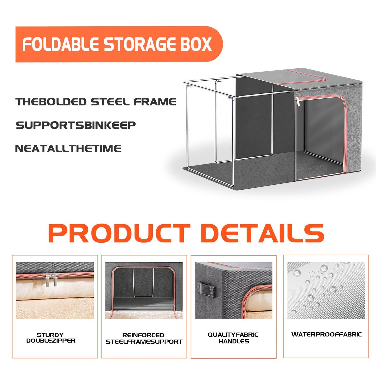 Resszo Large Clothes Storage Bag, 66L Foldable Oxford Cloth Steel Frame Box With Double Opening Zip And Clear Window, Sided Zip Top Lid