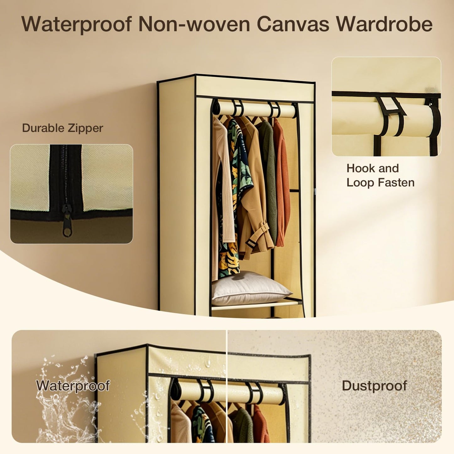 Single Canvas Wardrobe with 2 Drawers and Hanging Rail 160 x 59 x 43CM