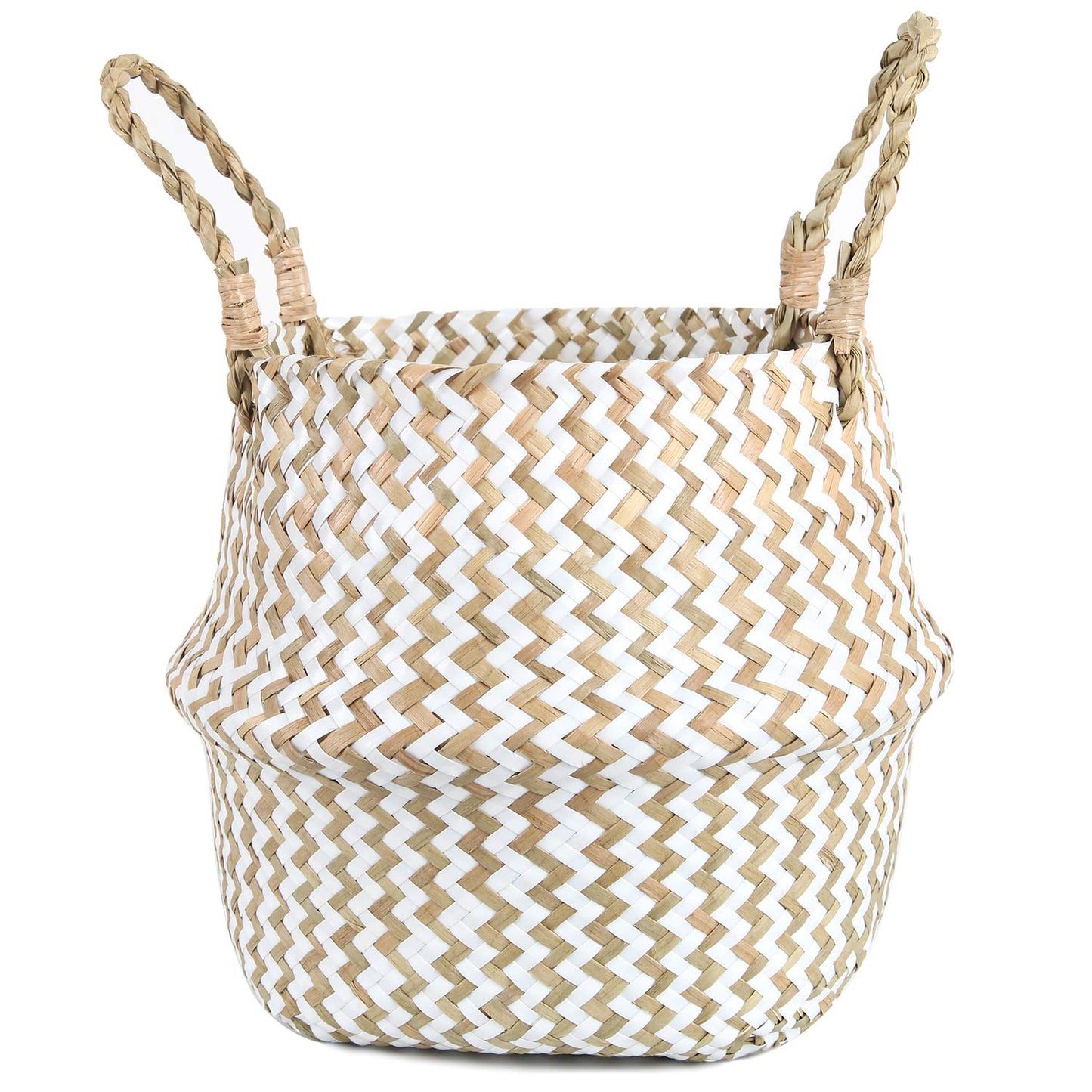 FEILANDUO Laundry Basket Wicker Woven Belly Baskets Decor Home Storage for Fruit Hand-woven Seaweed Collapsible with Handle for Organizer Plant Pot