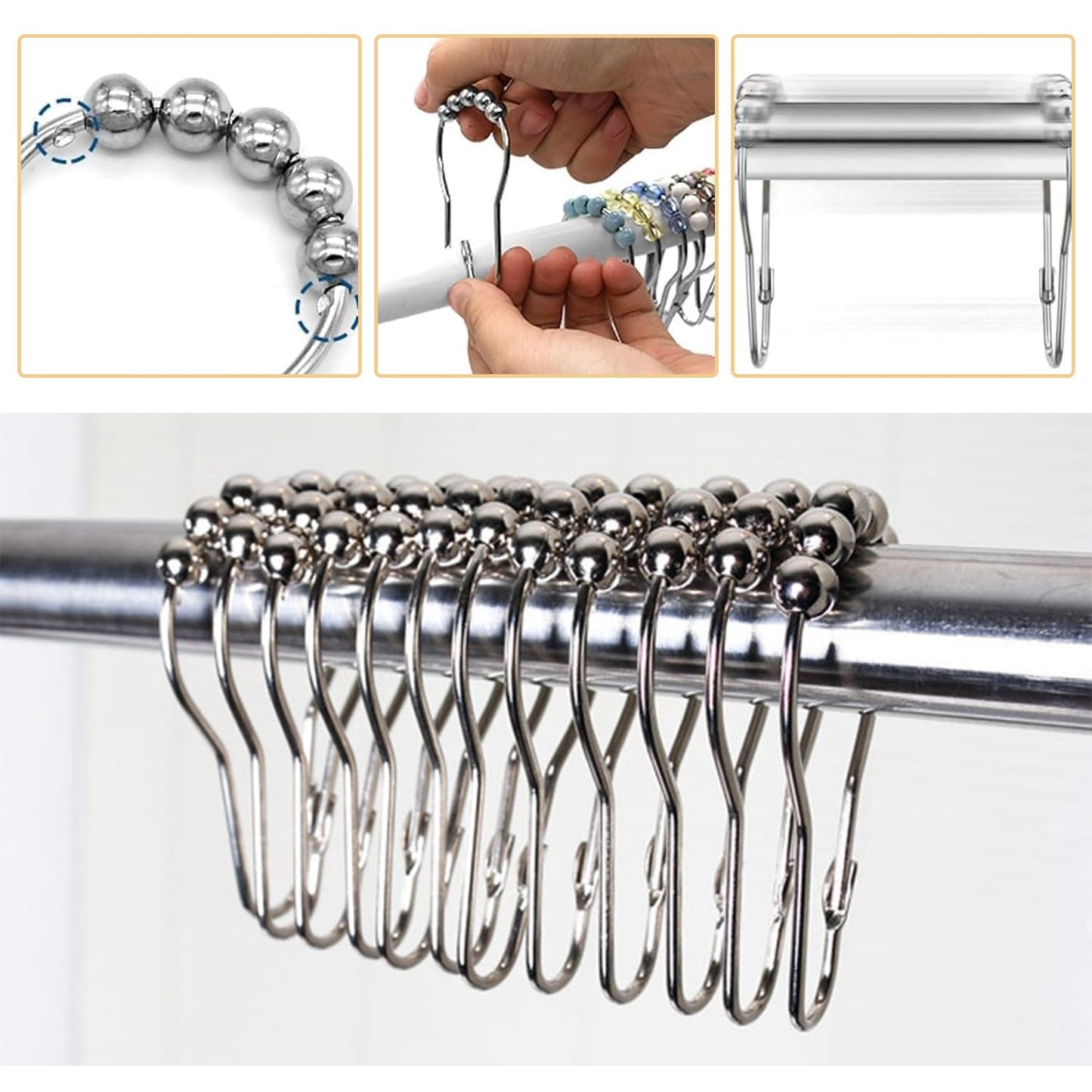 14-Piece Stainless Steel Shower Curtain Hooks - Rustproof, Smooth Gliding Rings for Easy Installation and Secure Hold on Standard Rods