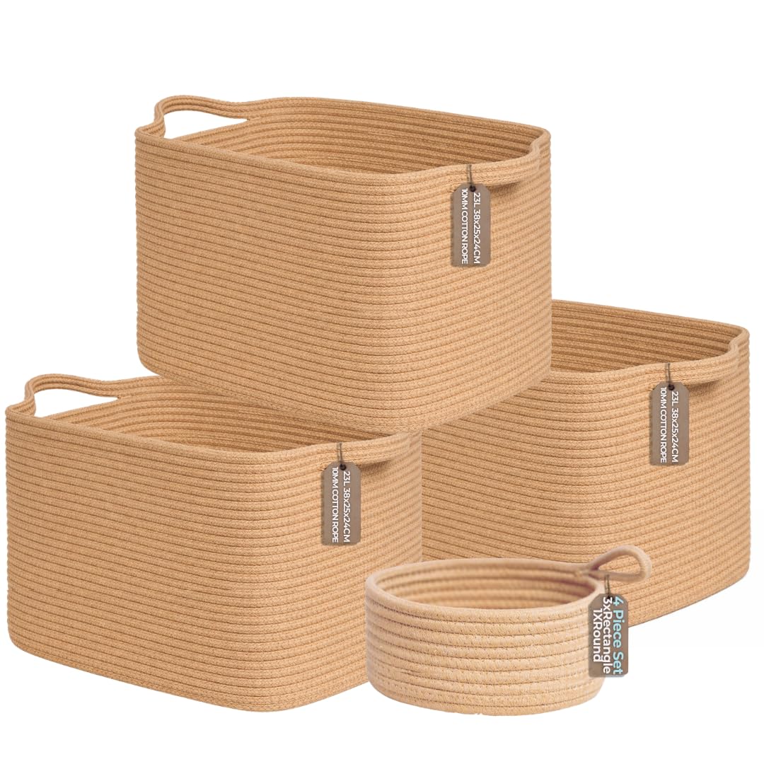 4pcs Cotton Rope Storage Basket Set (3 Medium + 1 Small) Woven Baskets with Handles for Living Room, Bedroom, Bathroom & Nursery – Honey