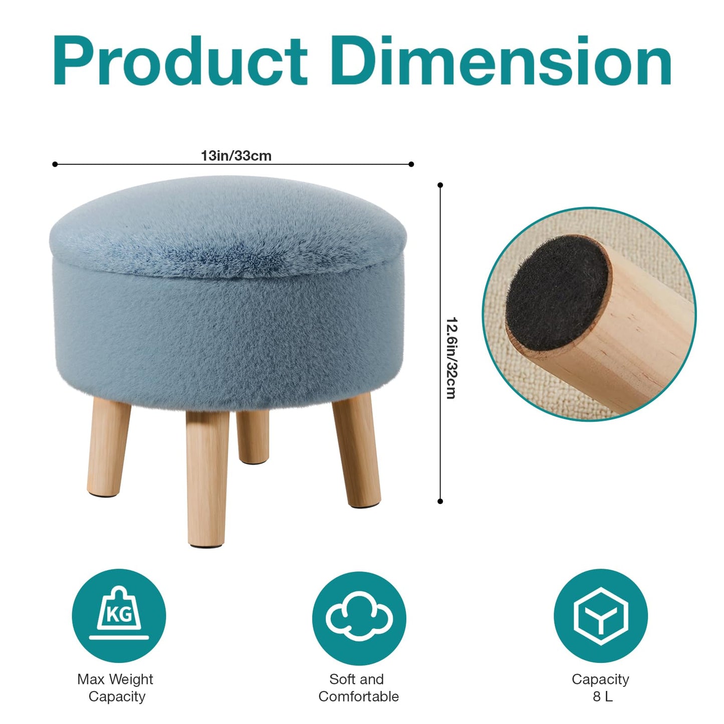 BRIAN & DANY Footstool with Storage, Faux Fur Round Storage Ottoman, Foot Stool with Legs Sofa Footrest for Living Room Entryway Office, Blue
